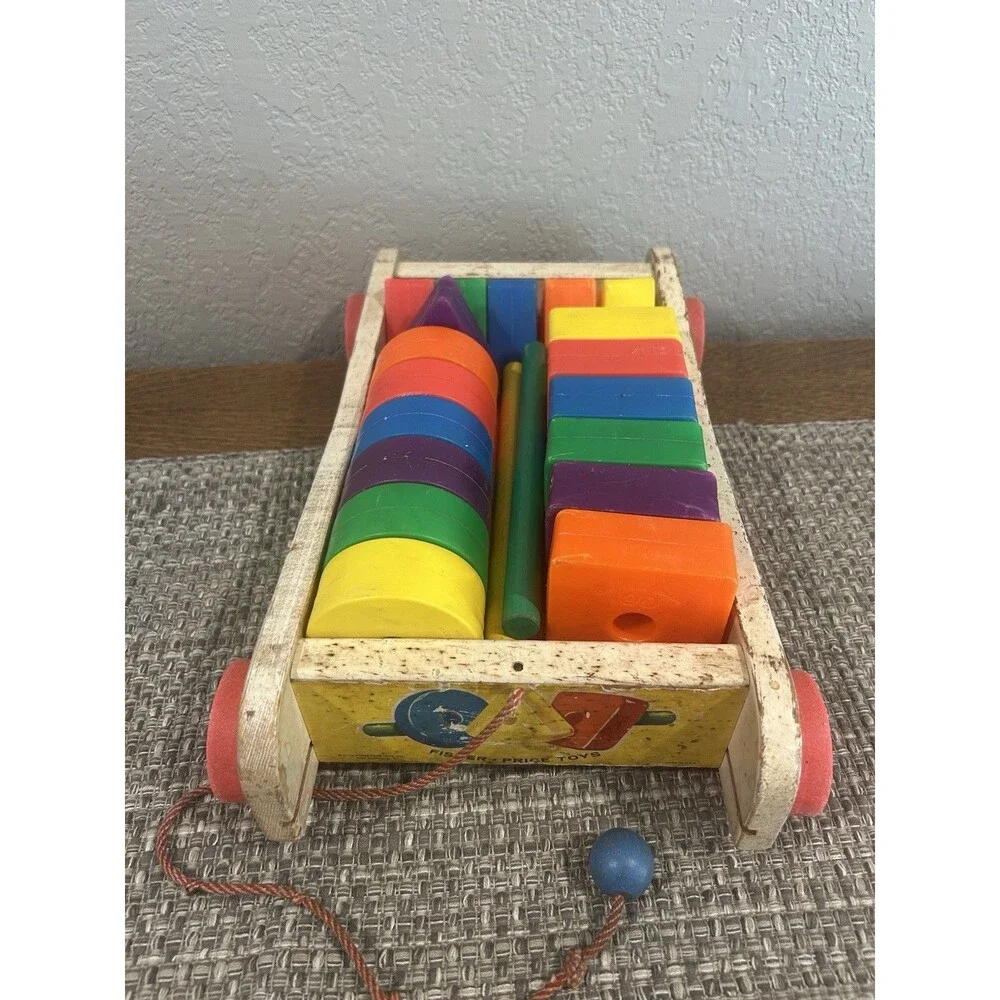 Vintage Fisher Price Creative Play Wagon Plastic Building PCs Wood PCs 1960’s